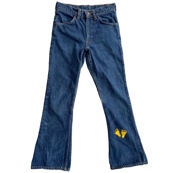 Vintage 70s Levis Bell Bottom Flared Orange Tab Patch Embroidered Jeans - Picture 1 of 13